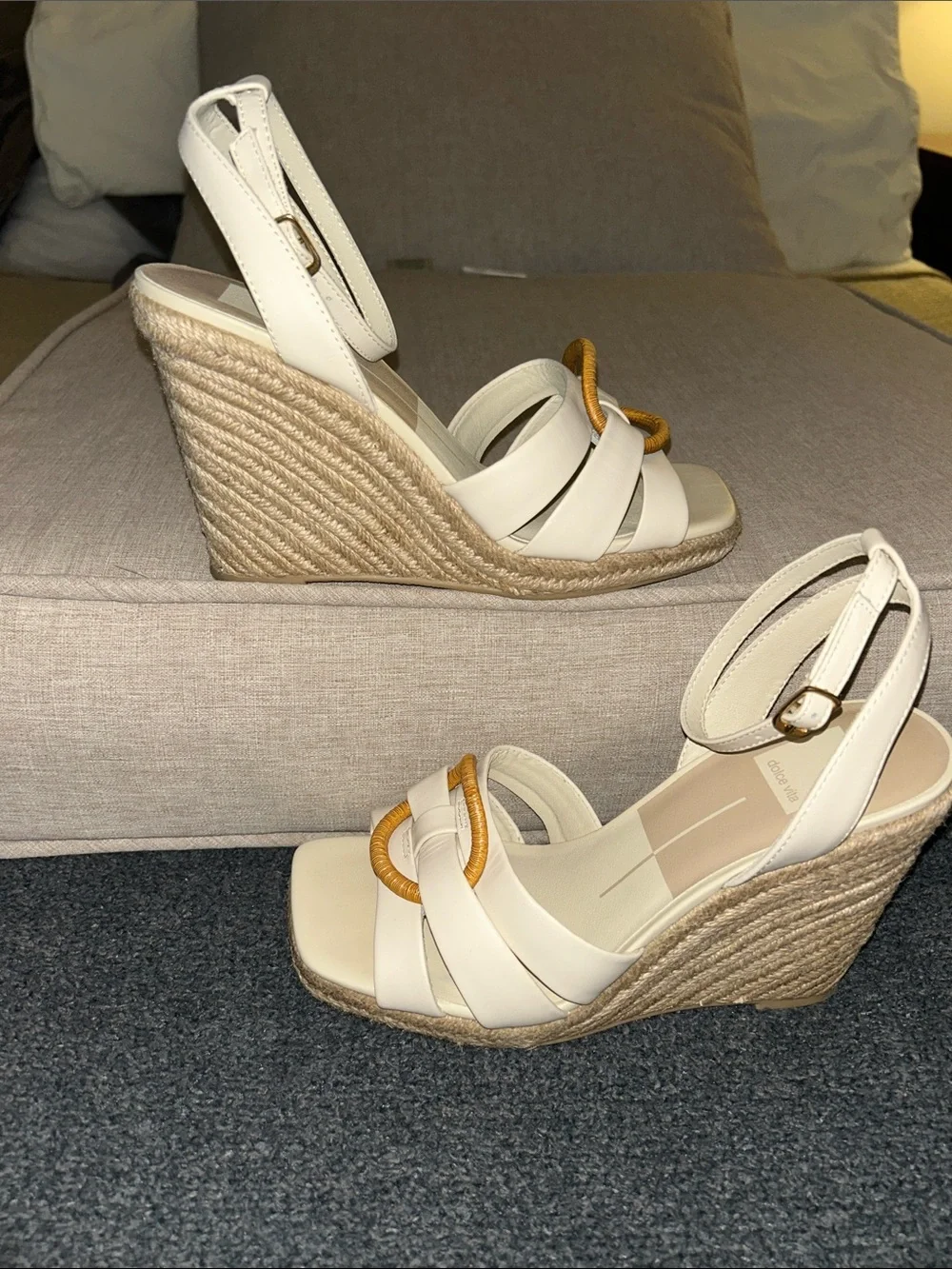 Dolce Vita Ivory Wedge Sandals with Rattan Ring